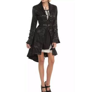 Hearts & Roses | Brocade Military Black Goth Coat | Rivets Corset Lacing | Sz 8